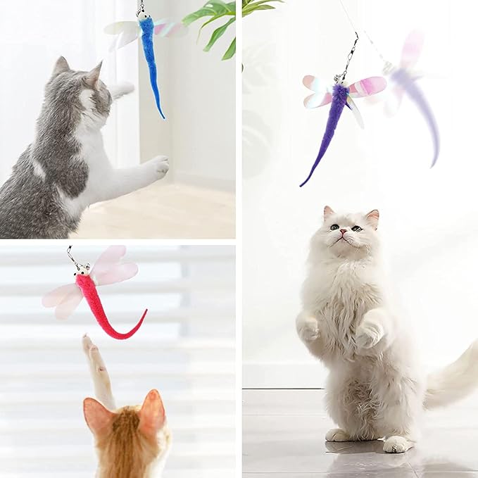 Cat Big Eye Dragonfly Toys Replacement Cat Toy Wand Refills, 6 Pieces Big Eye Dragonfly Cat Toy Feathers Refill, Interactive Cat Teaser Wand Attachments, with Bell