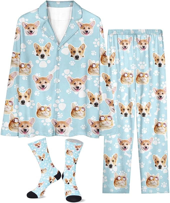 Custom Face Pajamas for Women Men,Personalized Dog Cat Pet Pajamas Set,Christmas Long Sleeve Sleepwear Pjs