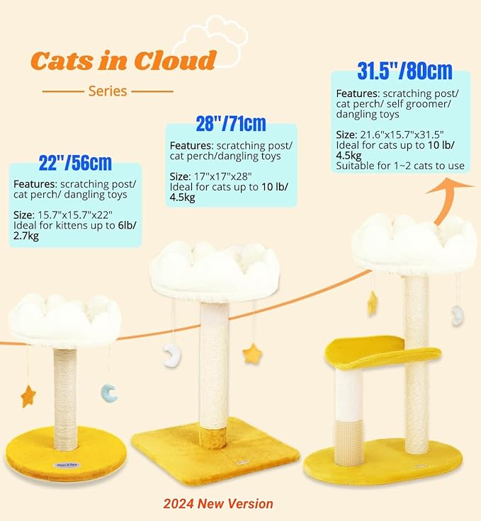 Happi N Pets Cloud Cat Tree, 31.5in Multi-Level Indoor Cat Tower with Scratching Posts, Viewing Perch, Removable & Washable Cushions, Cat Activity Tree with Dangling Toy