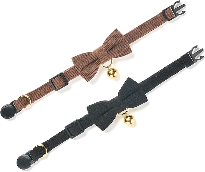 2 Pack Soft Corduroy Cat Collars with Bow Tie & Bell, Adjustable Breakaway Cotton Kitty Bowtie Collar for Male Boy Cats (Black & Brown)