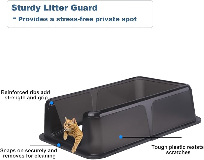 Cat Litter Box – Open Top Stainless Steel Large Litter Pan for Big Cats – High Sided Non-Stick Anti-Leakage – Easy to Clean with Scoop & Litter Mat (Black)