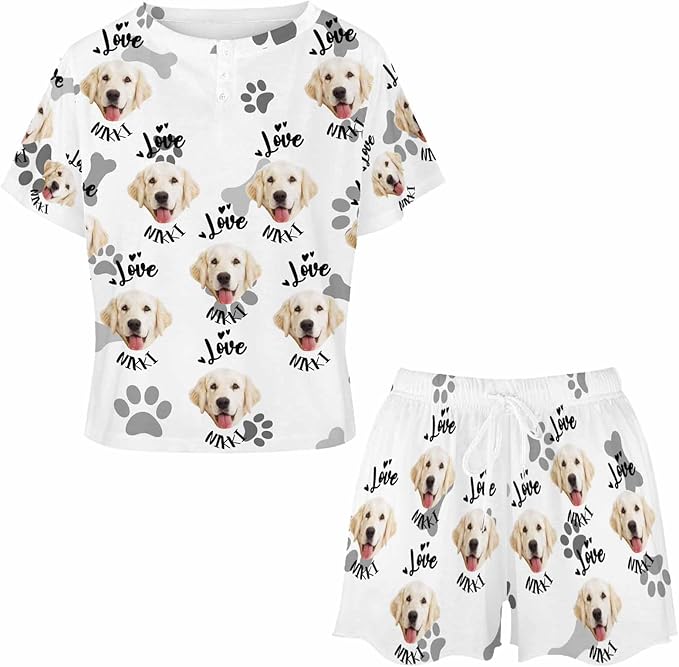 Custom Short Pajamas Set with Face Photo Women‘s Sleepwear Tee Personalized PJ Short Loungewear Set fot Her