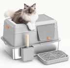 Removable Stainless Steel Cat Litter Box with lid, Side & Top Entry Kitty LitterBox，Cat Litter Box Enclosure, XL Extra Large High-Sided Metal Cat Box with Scoop, Footboard（Grey）