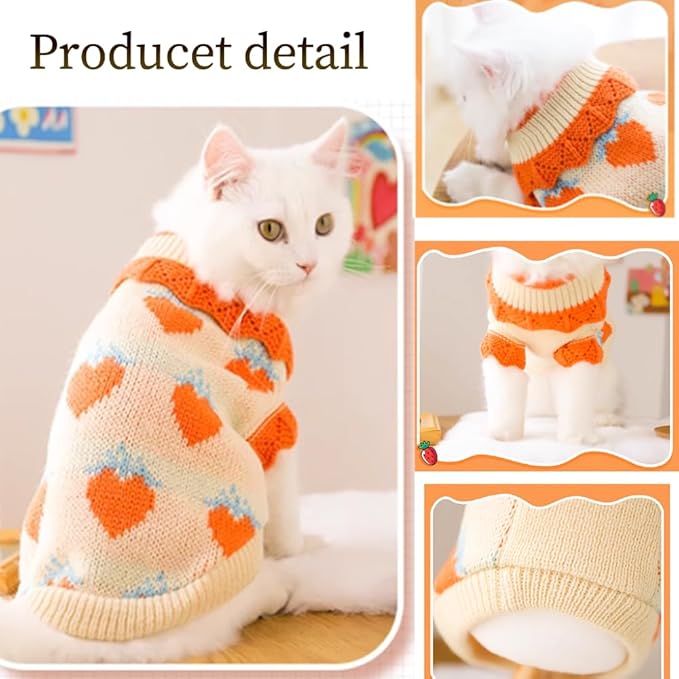 ANIAC Fall Dog Sweater for Small Dog Girl Strawberry Knitted Cat Sweater Winter Puppy Clothes Turtleneck Kitten Knitwear Could Weather Outfit for Teacup Chihuahua Yorkie Poodle (X-Small, Orange)