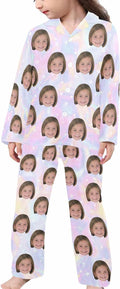 Artsadd Girls Pajamas Set Custom Face Pet Photo Long Sleeve Sleepwear Personalized Printed V-Neck Button-up Pants Nightwear