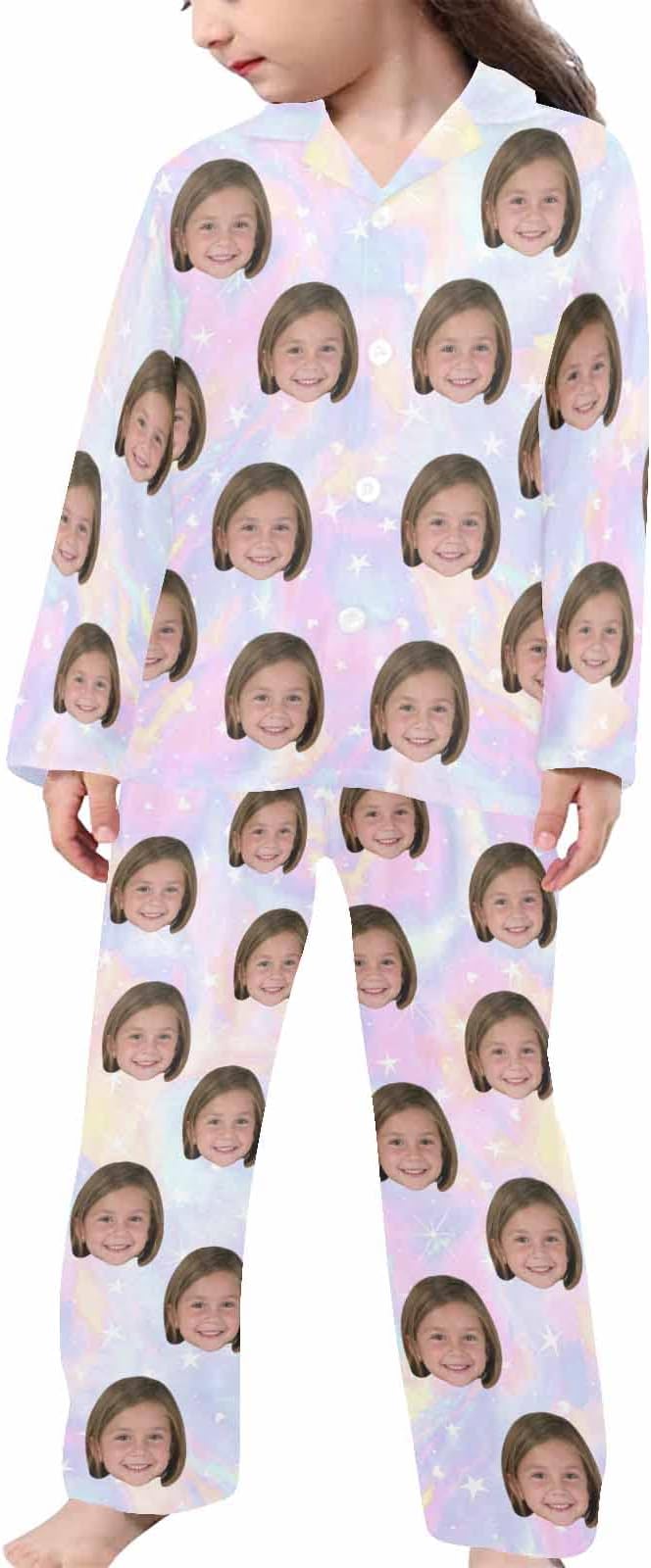 Artsadd Girls Pajamas Set Custom Face Pet Photo Long Sleeve Sleepwear Personalized Printed V-Neck Button-up Pants Nightwear