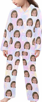 Artsadd Girls Pajamas Set Custom Face Pet Photo Long Sleeve Sleepwear Personalized Printed V-Neck Button-up Pants Nightwear