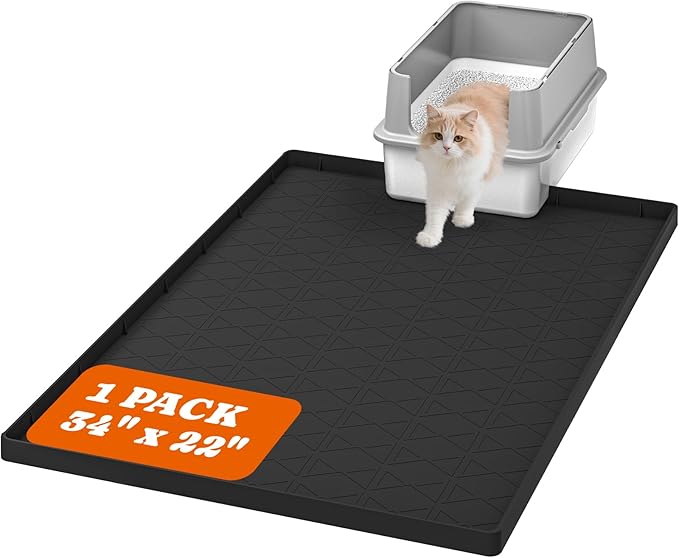 Extra Large Silicone Cat Litter Mats, 34" x 22" Waterproof Litter Box Mat, Non-Slip Kitty Litter Mat for Scatter Control, Easy to Clean & Urine-Proof Cat Litter Trapping Mat, Black