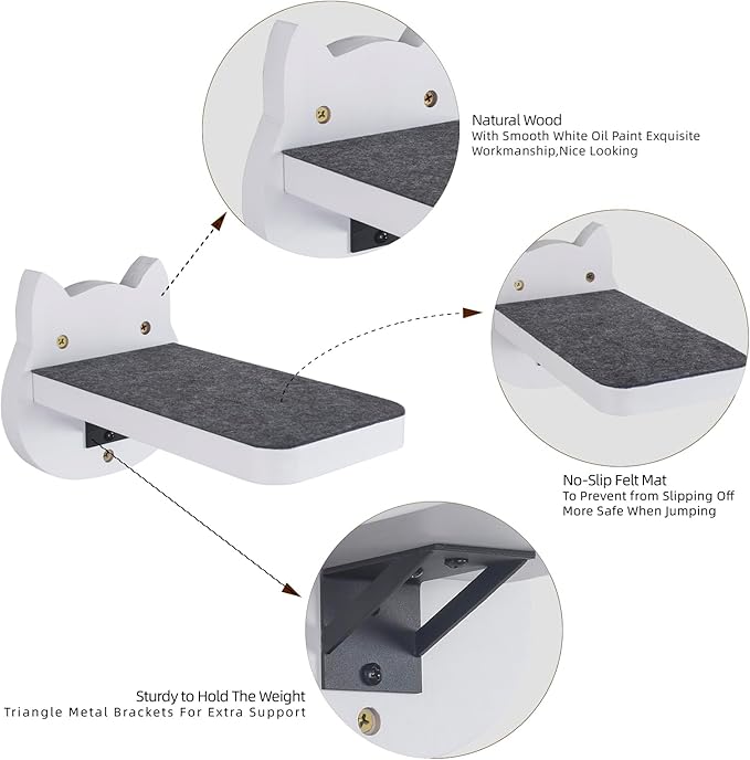 ESPETS White Painted Wooden Cat Wall Floating Steps Set of 3 - Wall Mounted Cat Floating Furniture Shelves and Perches, Sturdy Climber Stairs Ladders - Holds up 30lbs