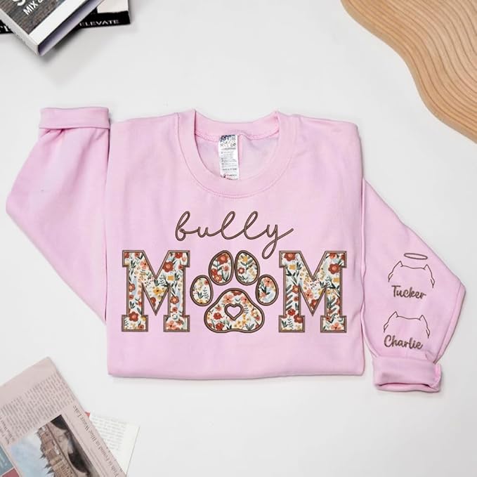 CHILLEVER Personalized Embroidered Dog Mom Sweatshirt, Dog Mama Crewneck, Gift for Mom, Pet Name On The Sleeve