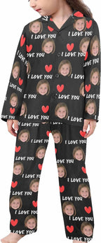 Artsadd Girls Pajamas Set Custom Face Pet Photo Long Sleeve Sleepwear Personalized Printed V-Neck Button-up Pants Nightwear