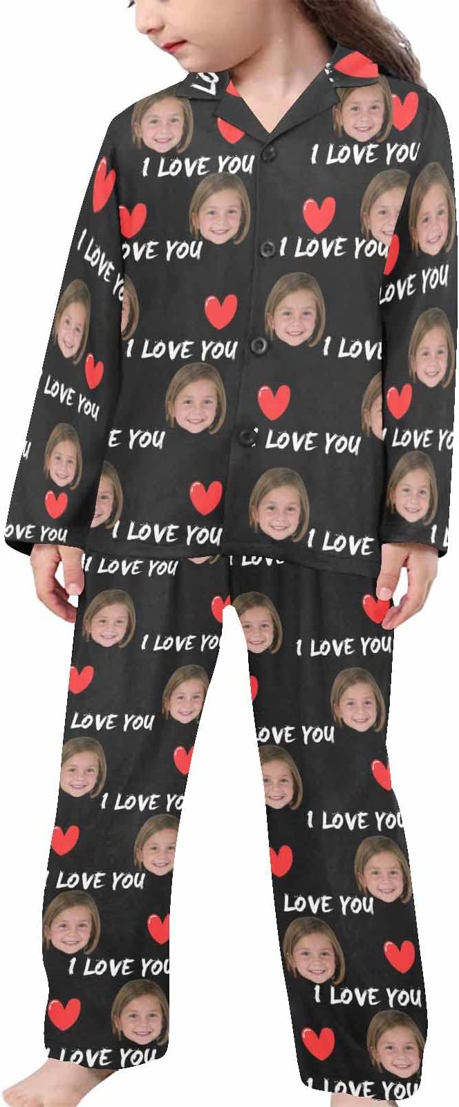 Artsadd Girls Pajamas Set Custom Face Pet Photo Long Sleeve Sleepwear Personalized Printed V-Neck Button-up Pants Nightwear