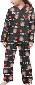Artsadd Girls Pajamas Set Custom Face Pet Photo Long Sleeve Sleepwear Personalized Printed V-Neck Button-up Pants Nightwear