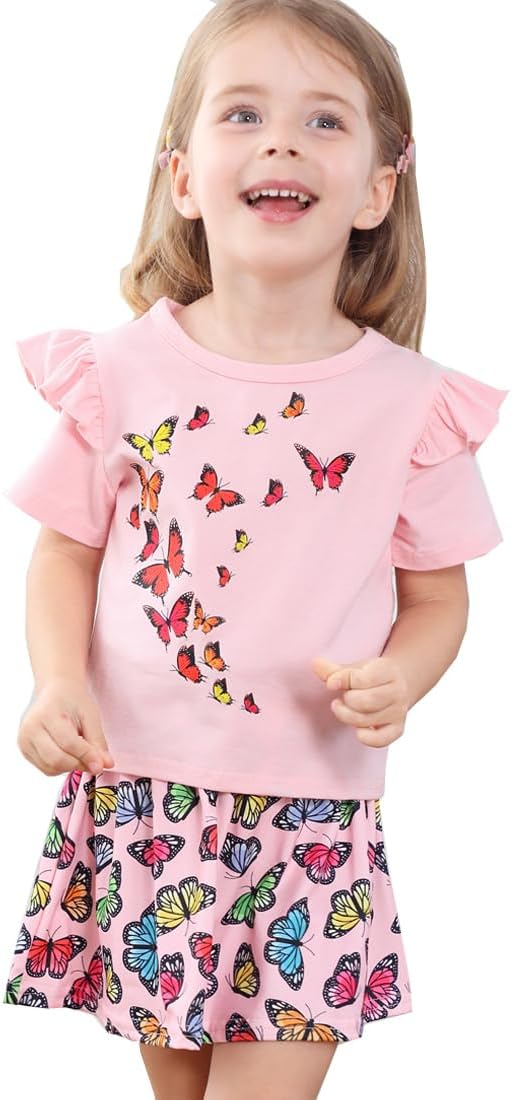 Akyzic Little Girl Skirt Outfit Two Piece Spring Summer Outfit Butterfly Dress Cat Print Skirt Toddler Girl Outfit Set