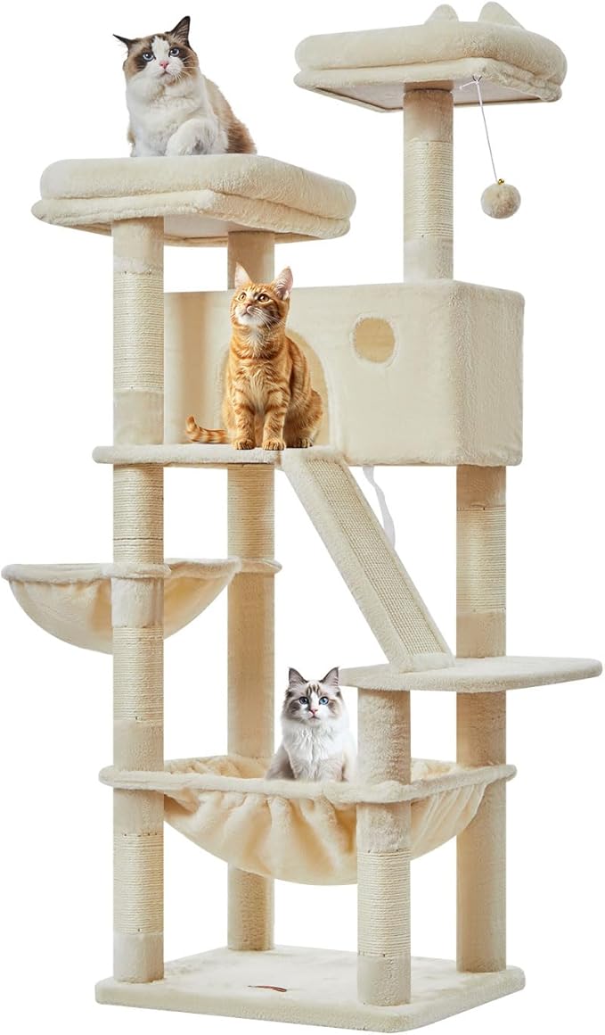 Taoqimiao Cat Tree 57.5-Inch, Cat Tower for Indoor Cats Large Adult, Extra Large Cat Condo, 8 Sisal Scratching Posts, Metal Frame Cozy Hammock, Durable Scratch Board, 2 Top Perches, Beige MS026M