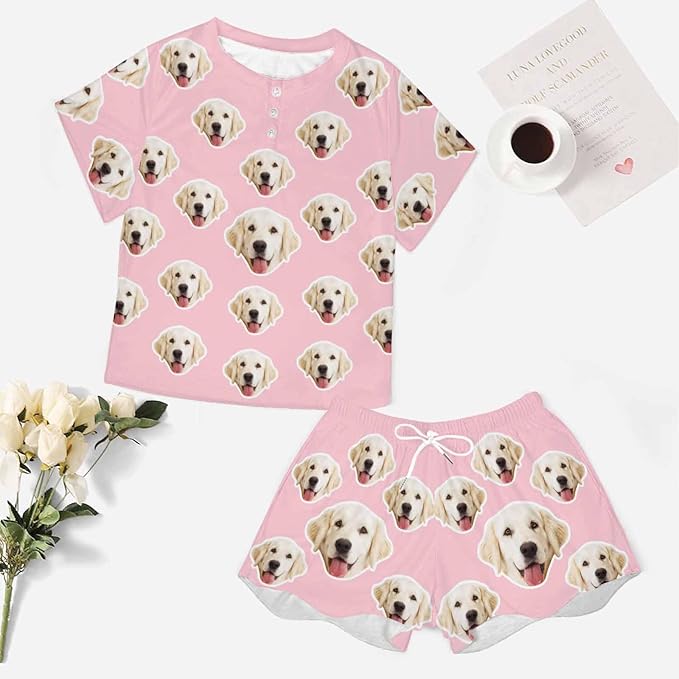 Custom Short Pajamas Set with Face Photo Women‘s Sleepwear Tee Personalized PJ Short Loungewear Set fot Her
