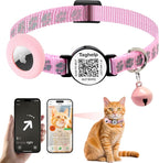 Airtag Cat Collar Breakaway with Bell & Reflective Design - Cute Paw Print Kitten Collar with Apple Airtag Holder & Safety Buckle - Perfect Pet Supplies, QR Code & Gifts for Girl & Boy Cats (Pink)