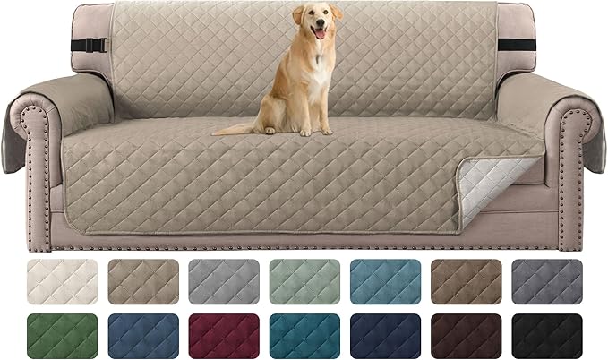 H.VERSAILTEX Reversible Sofa Cover Couch Cover for 3 Cushion Couch Water Resistant Furniture Protector for Pets Durable Sofa Slipcover with Non Slip Elastic Strap(Sofa, Khaki/Beige)