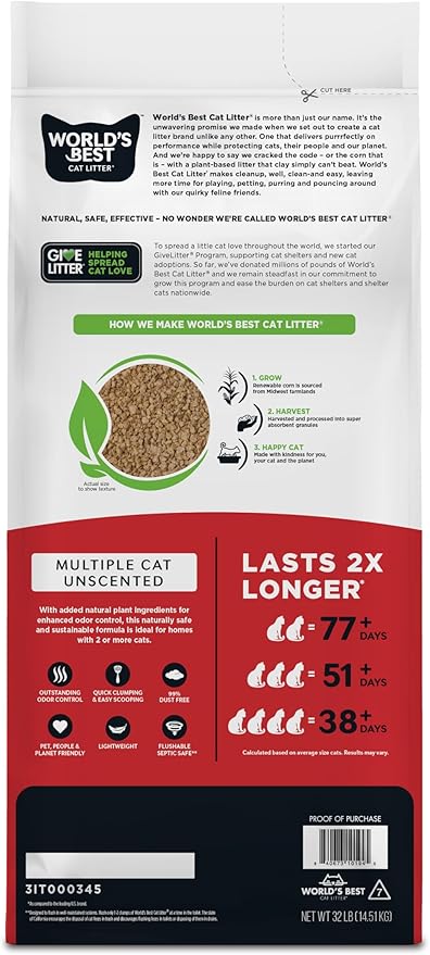 WORLD'S BEST CAT LITTER Multiple Cat Unscented, 32-Pounds - Natural Ingredients, Quick Clumping, Flushable, 99% Dust Free & Made in USA - Long-Lasting Odor Control & Easy Scooping