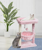SYANDLVY Small Cat Tree for Indoor Cats, Activity Cat Tower with Scratching Post for Kittens, Modern Cat Furniture with Basket & Hanging Ball for Play Rest, Pink
