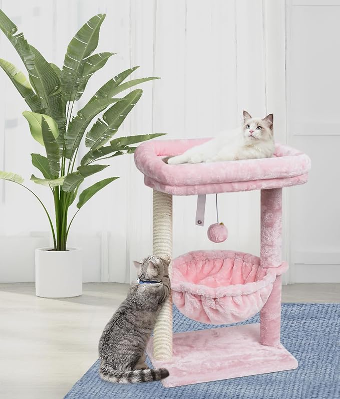 SYANDLVY Small Cat Tree for Indoor Cats, Activity Cat Tower with Scratching Post for Kittens, Modern Cat Furniture with Basket & Hanging Ball for Play Rest, Pink
