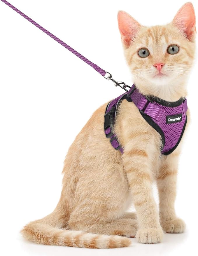 Dooradar Cat Harness and Leash Set, Escape Proof Safe Adjustable Kitten Vest Harnesses for Walking, Easy Control Soft Breathable Mesh Jacket with Reflective Strips for Cats, Purple, XS