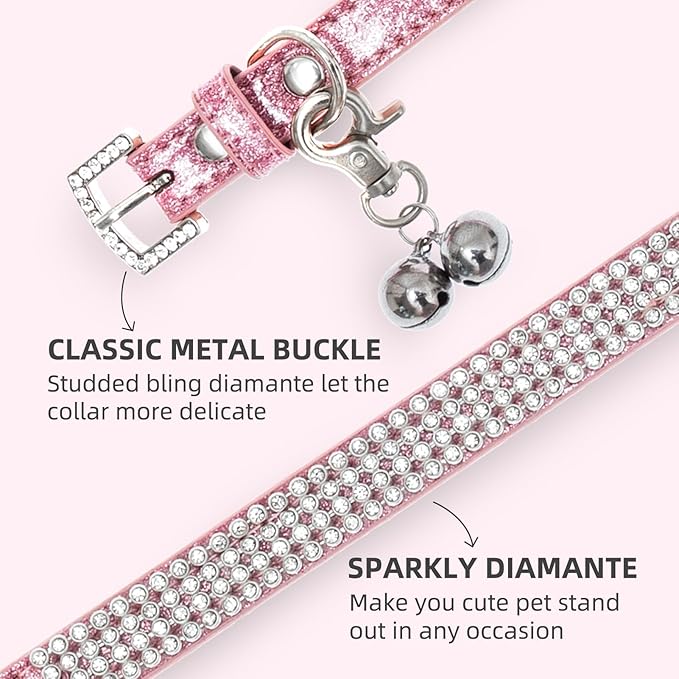 PUPTECK Basic Adjustable Cat Collar with Bling Diamond and Double Bells, for Kitten and Small Puppy, Fashion and Shining Dog Rhinestone Collars, 10-13 in, Pink