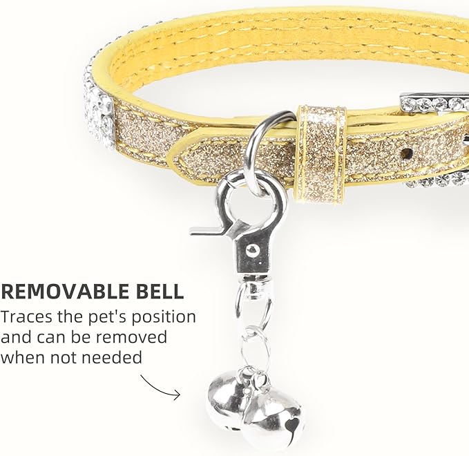 PUPTECK Basic Adjustable Cat Collar with Bling Diamond and Double Bells, for Kitten and Small Puppy, Fashion and Shining Dog Rhinestone Collars, 6-8 in, Gold