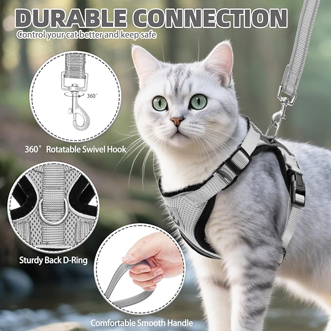 PUPTECK Cat Harness and Leash Set Escape Proof Reflective Cat Walking Harness Adjustable Soft Breathable Mesh Vest for Small Pets, Grey, M