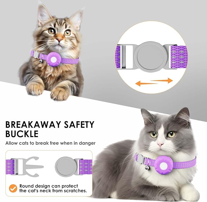 Smart Cat GPS Tracker, Cat Tracker Collar with Safety Elastic Buckle, Compatible with Apple Find My App (Only iOS), No Monthly Fee, Waterproof (White Tracker, Purple Cat Collar)