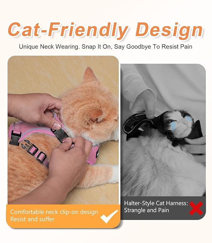 Halypet Cat Harness and Leash Set [ MAX Safety Third Generation ] Escape Proof Soft Adjustable Cat Leash Breathable Comfortable Vest Easy to Wear Kitten Harness for Outdoor Walking Pink Small