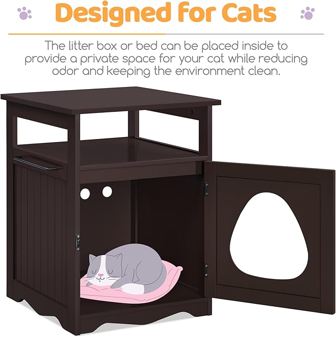 Yaheetech Cat Litter Box Enclosure, Hidden Litter Box Furniture with Open Shelf, Indoor Cat Washroom, Storage Cabinet Pet Crate, Side End Table, Wooden Pet House Espresso