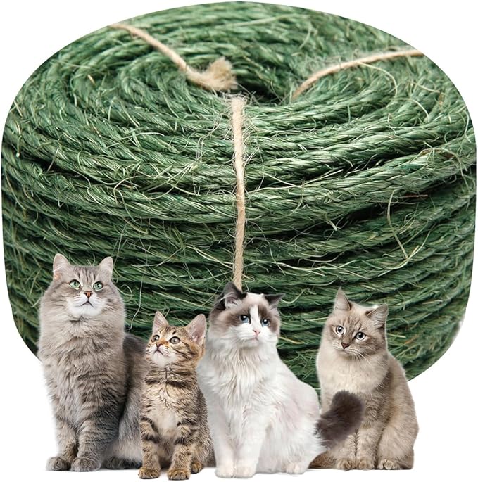 Green Sisal Rope 1/4 Inch by 65-Feet for Cat Scratching Post Tree Tower Replacement Repair and Replace, DIY Hemp Twine Rope for Kittens Shelves Scratch Mat Window Bed Perch Climbing, 6mm by 20m