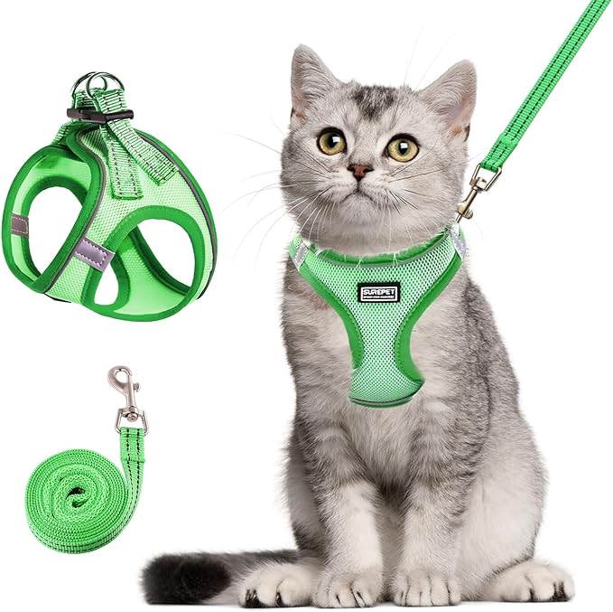 Cat Harness and Leash Set, Soft and Breathable Vest with Reflective Strip, Escape Proof Kitten Harness, Easy to Wear for Cats Walking and Traveling (Green, XXS)