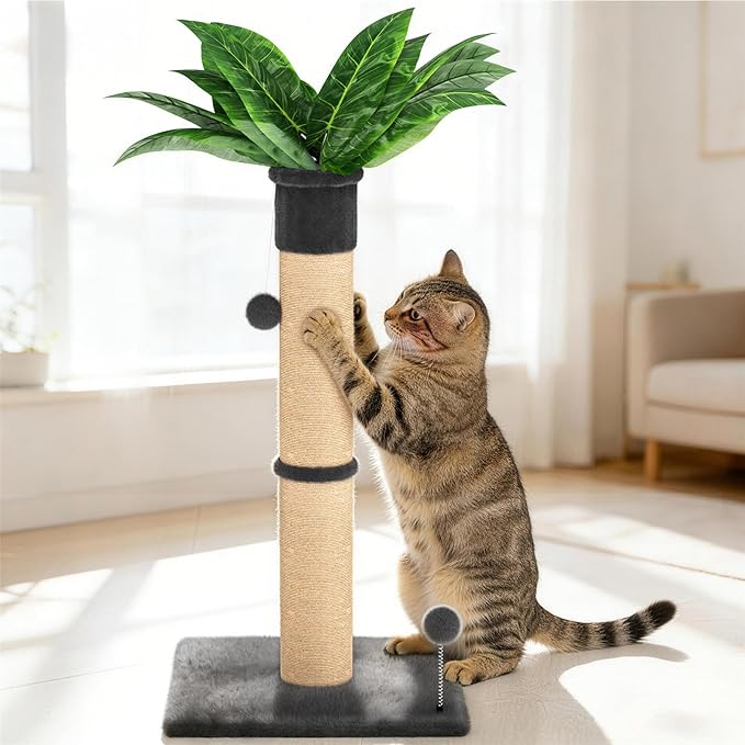XiaZ Cat Scratching Post 34 Inches Tall, Cat Tower Scratcher Extra Wide 15.8" Stable Base with 2 Interactive Toy Balls, Premium Natural Sisal & Plush Fabric for Any Size Cats (Dark Gray, 4.5in)