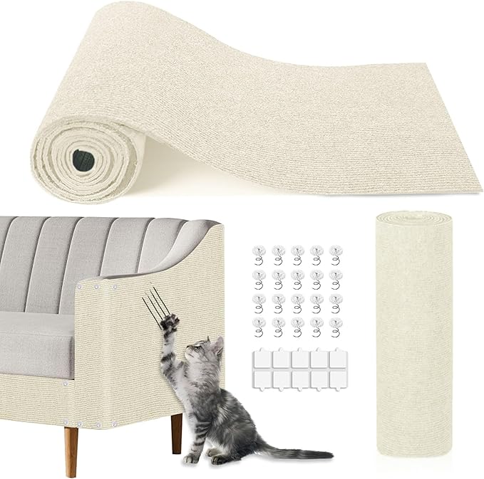 Cat Scratching Mat, 118.5"x15.9" Trimmable Self-Adhesive Cat Scratch Carpet,Couch Protector from Cats Claw, Furniture Corner Protectors for Cats,Indoor Furniture Protection for Chair,Wall,Sofa(White)