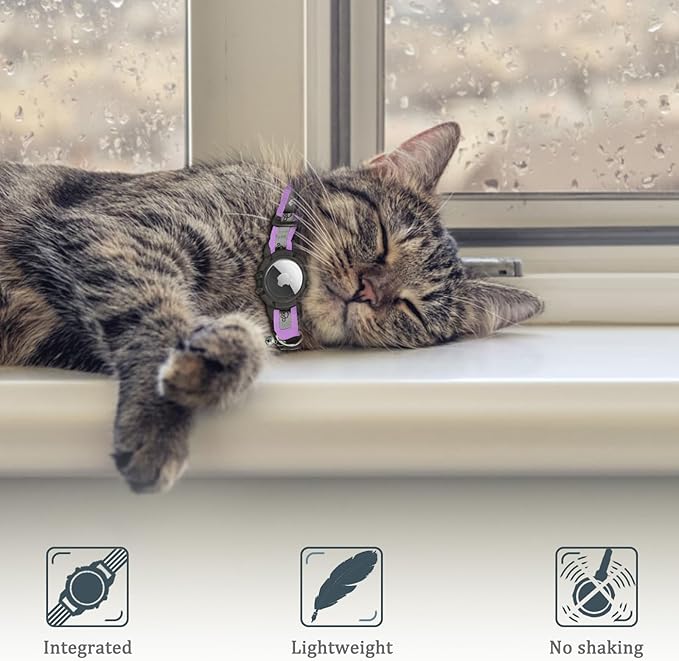 Reflective AirTag Cat Collar, Integrated Cat Tracker Collar with Air Tag Holder and Bell, Safety Elastic Band Cat GPS Collars for Girl Boy Cats, Kittens and Puppies (Lilac,S)