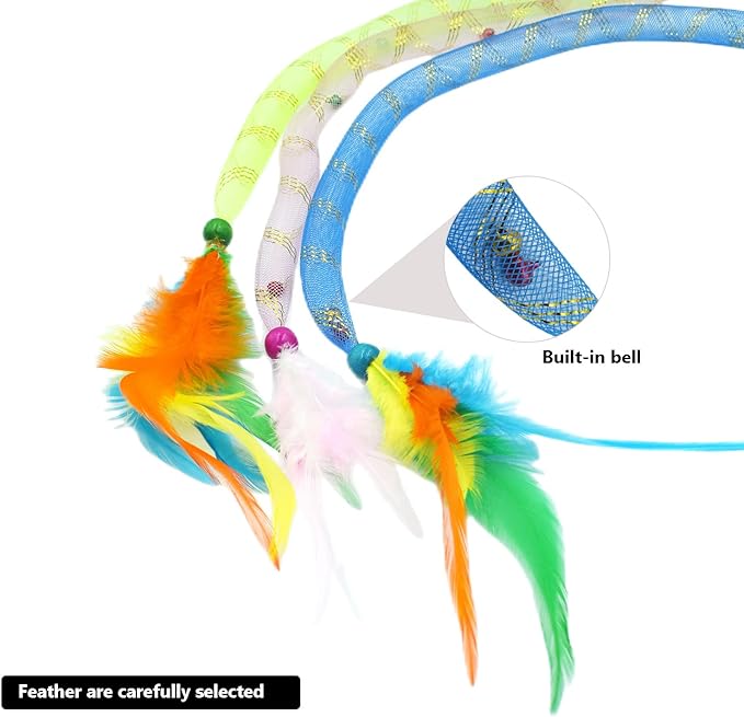 IUHKBH Cat Wands, 3 PCS Soft Line Tube Teaser Wands Colorful Feather Wands with Bell Interactive Cat Toys