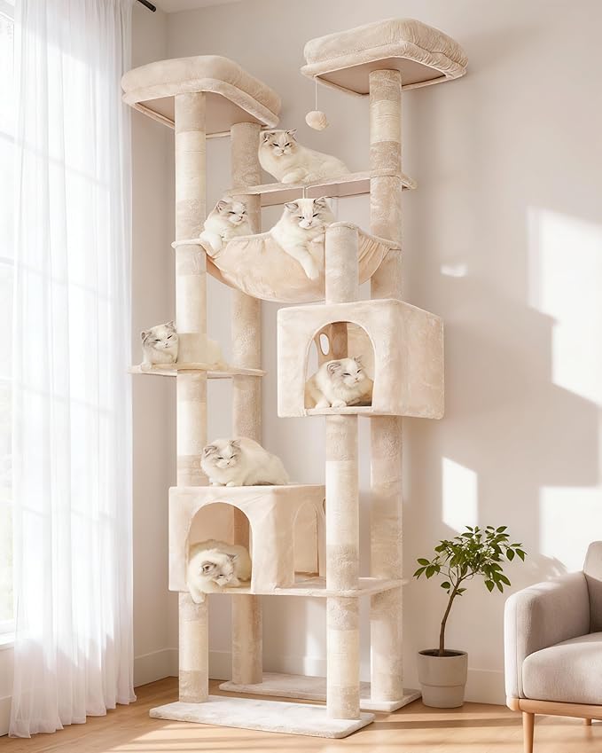 Hey-brother Tall Cat Tree Tower, Heavy Duty Scratching Posts with Large Platforms, Cozy Condos, Big Hammock, Toy Balls, Multi-Level Furniture for Indoor Adult Cats, 80.7 Inches, Beige MPJ039M