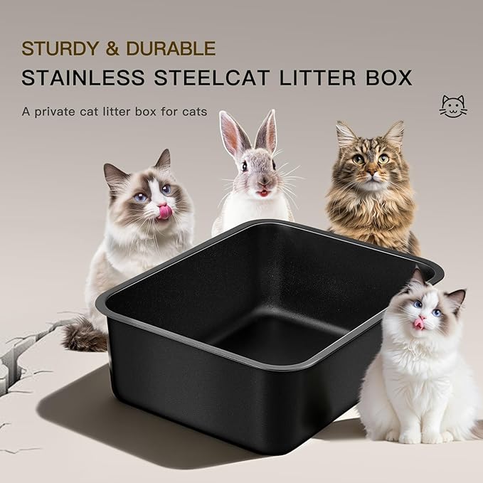 Stainless Steel Cat Litter Box - Large Metal High Sided Litter Pan, Non-Stick & Odor-Free, Easy to Clean, Anti-Leakage Pet Toilet for Cats/Kittens/Rabbits（17.7" L x 13.8" W x 6" H）