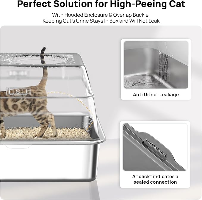 Stainless Steel Litter Box with Lid, SUS304 Metal Cat Litter Boxes, Enclosed Extra Large Kitty LitterBox High Wall, Jumbo Cat Toilet with Triple Pedal, Non-Sticky, Anti-Leakage (XL Grey)
