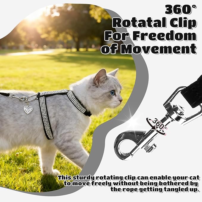 EXPAWLORER Cat Harness and Leash Set - Escape Proof Adjustable Cat Harness, H-shped Comfortable Soft Lightweight Kitten Harness for Outdoor Walking, for Small Medium Cats,Black Rhinestones M