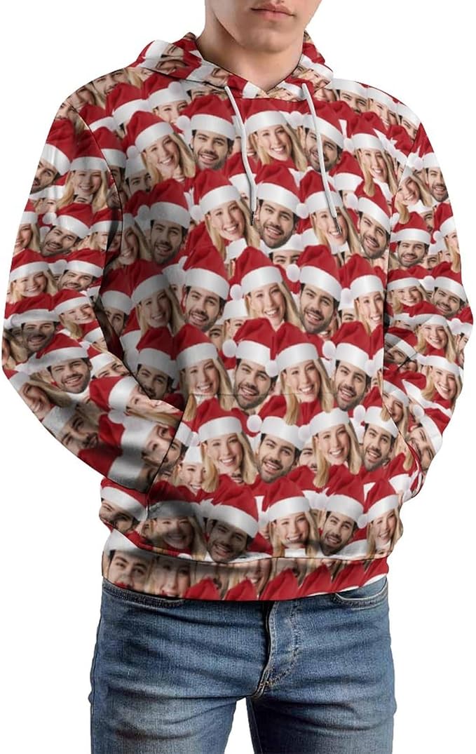 Artsadd Custom Face Unisex athletic Pockets Sweatshirt Loose Hoodie Custom Christmas Long Sleeve Sweatshirt Hooded Pullover