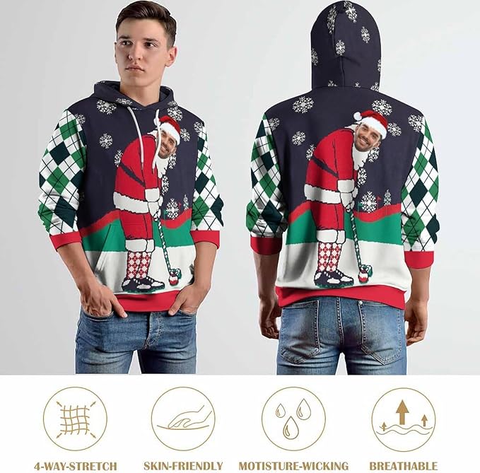 Artsadd Custom Face Unisex athletic Pockets Sweatshirt Loose Hoodie Custom Christmas Long Sleeve Sweatshirt Hooded Pullover