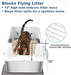 Cat Litter Box – Open Top Stainless Steel Large Litter Pan for Big Cats – High Sided Non-Stick Anti-Leakage – Easy to Clean with Scoop & Litter Mat (White)