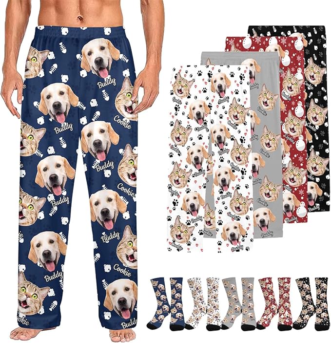 Custom Couple Pajama Pants Sock with Funny Face, Personalized PJ Anniversary Birthday Women Men Pants