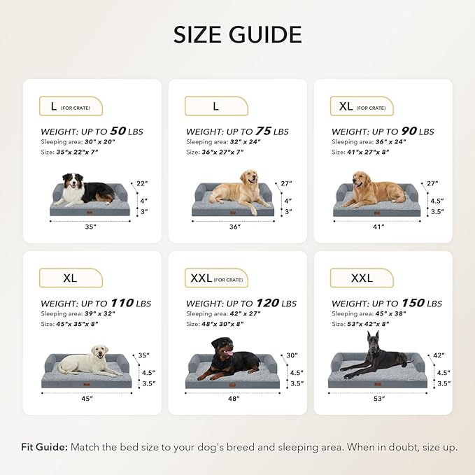 Orthopedic Dog Beds for Extra Large Dogs, Waterproof Egg Crate Foam XL Dog Bed with Sides 45x35Inch, Big Dogs Couch Beds with Removable Washable Cover and Nonskid Bottom, Grey