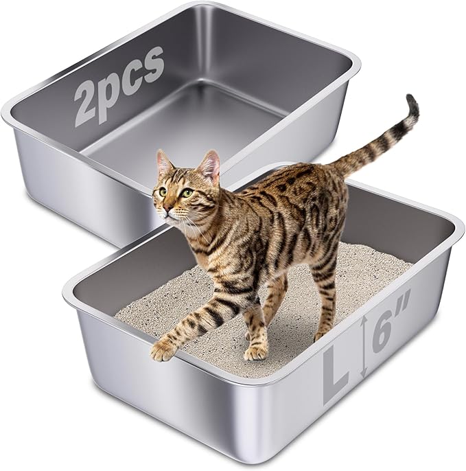 Stainless Steel Litter Box 2 Pack, 20"x14"x6"(Height) Large Metal Litter Box, Easy to Clean, Non Stick No Smell Cat Litterbox for Cats/Kitty