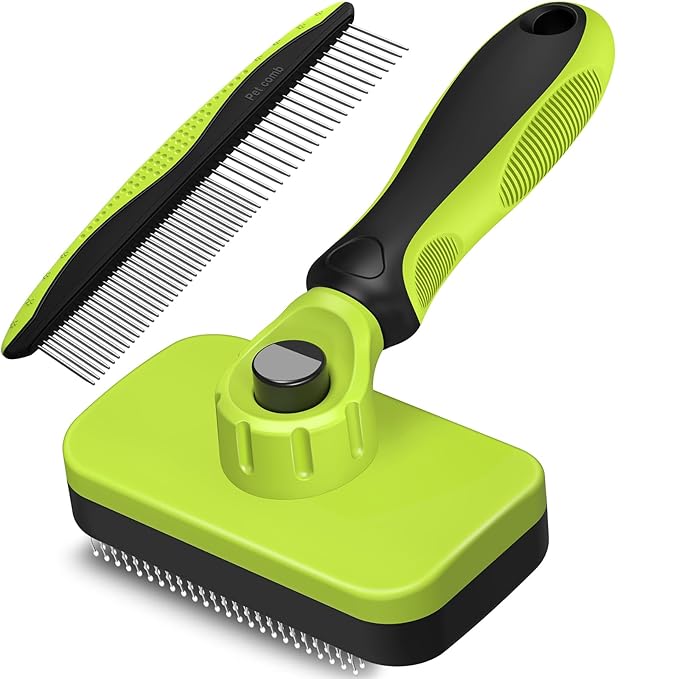2PCS Self Cleaning Slicker Brush & Dog Comb - Skin Friendly Deshedding Grooming Tool for Dogs, Cats and Small Animals, Professional Deshedding Dematting Tool for Long and Short Haired Pets (Green)