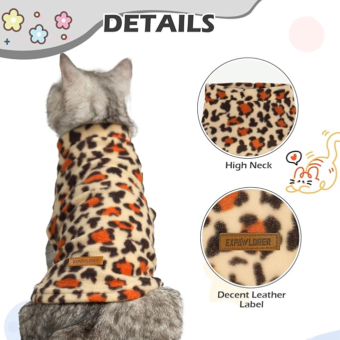 EXPAWLORER Soft Cat Sweater - Leopard Print Sweaters for Cats Only Warm Kitten Clothes, Fall and Winter Pet Coat Pullover Design Feline, Fleece Clothing Also for Puppy Small Dogs, Small